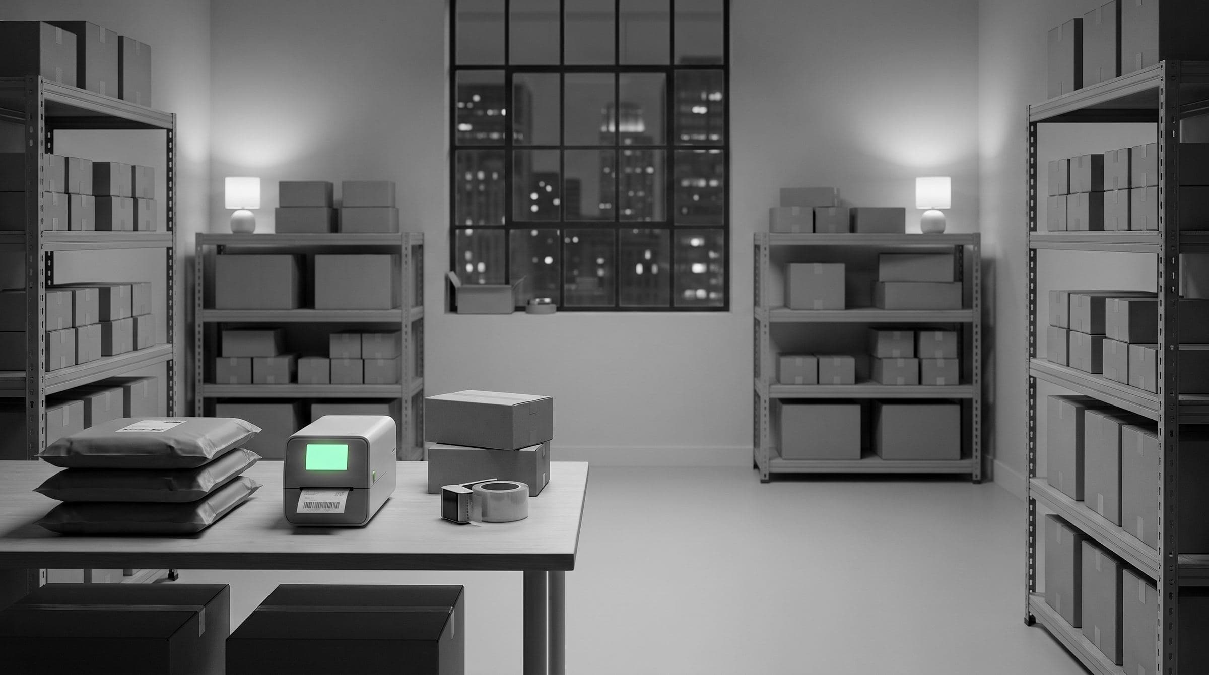 Una bodega de despachos de noche en blanco y negro, la impresora de etiquetas encendida en verde menta