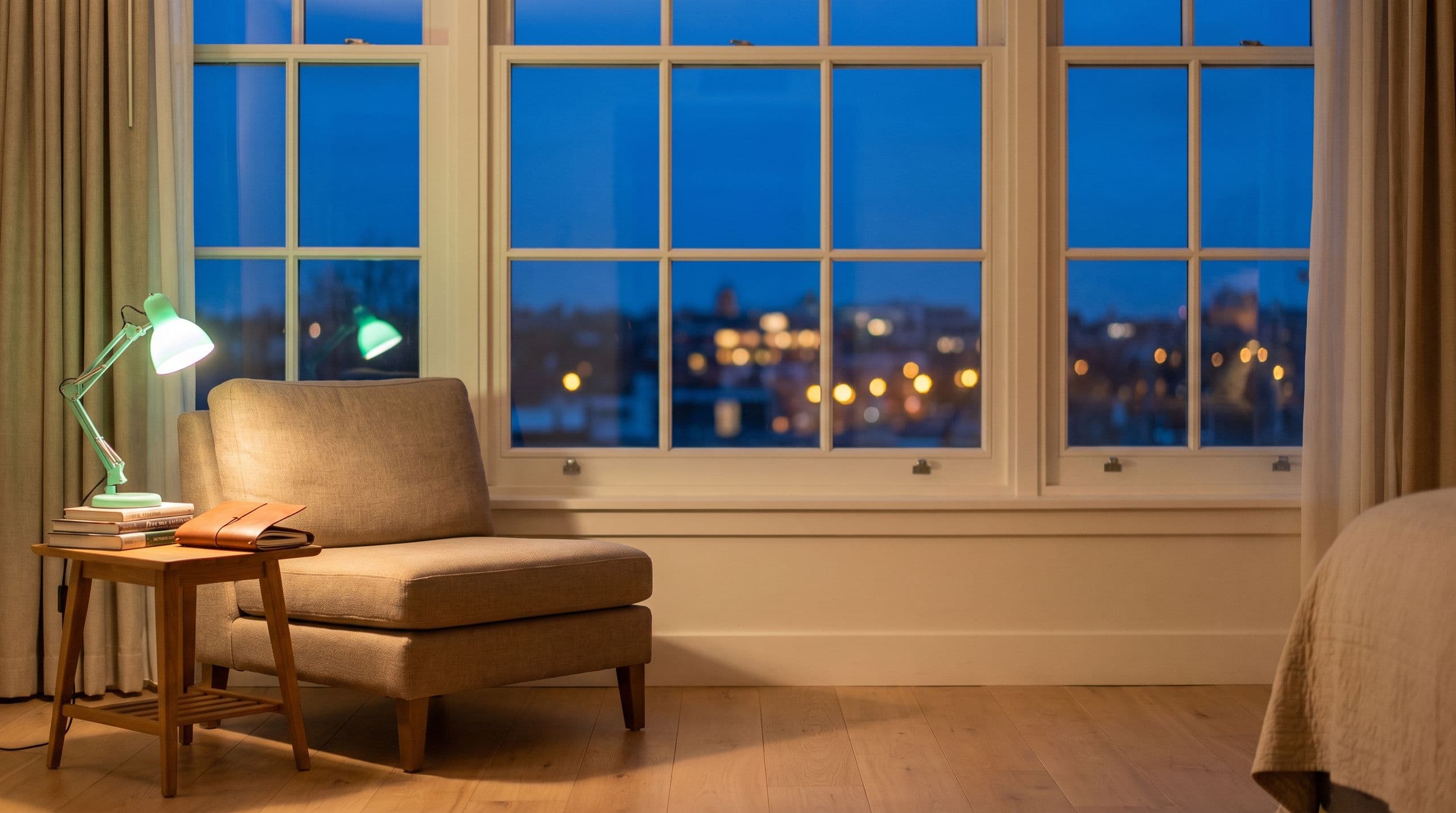 A reading corner at blue hour with a lamp glowing mint